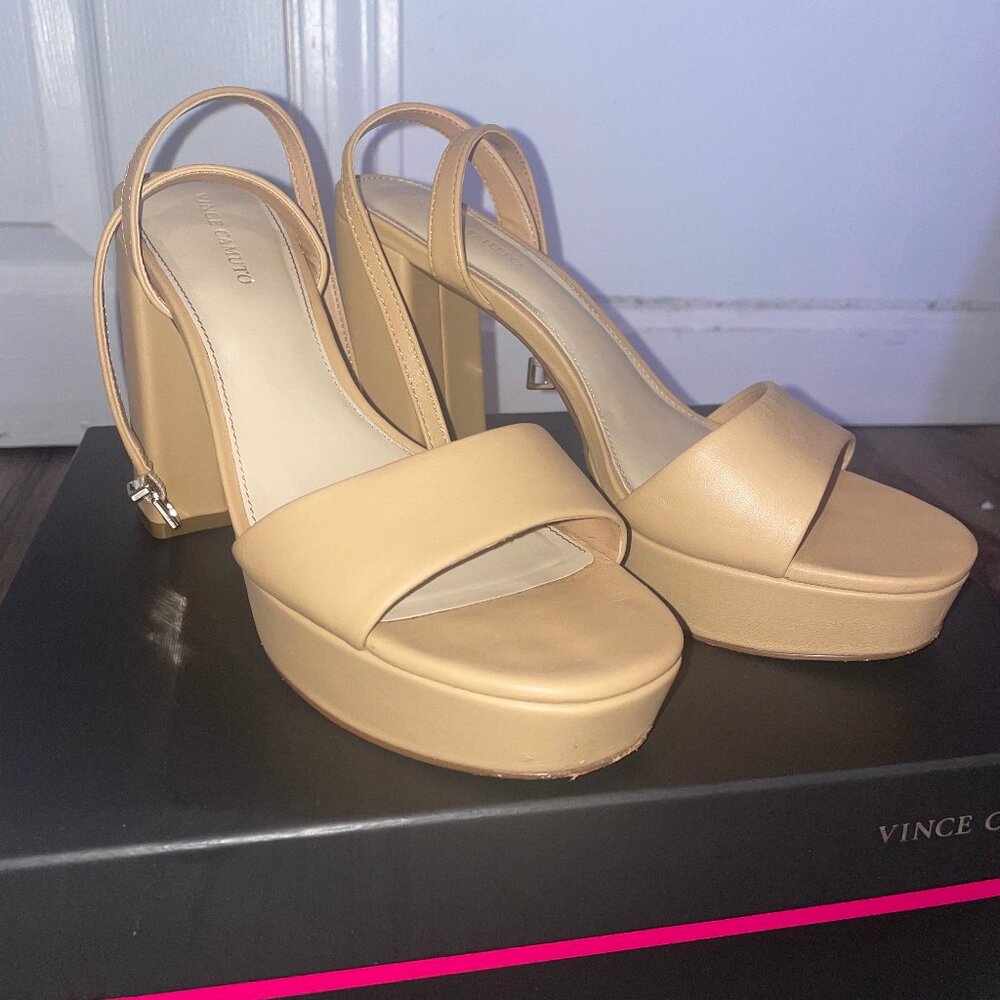 Vince Camuto Nude Tan Platform Block Heel Sandals - Picture 4 of 12